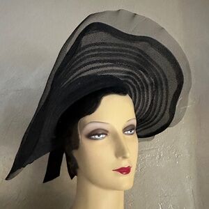 STUNNING 1940's BLACK CRIN SEE-THROUGH WIDE BRIM HAT